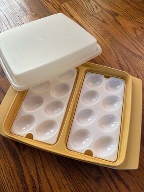 Yellow Tupperware Egg Carrier with White Inserts - Portable Kitchen Storage